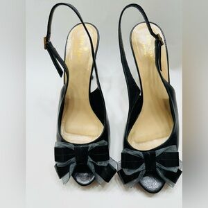 Kate Spade Black Leather Slingback Girly Heels Peep Toe Black Gray Bow Sz 8